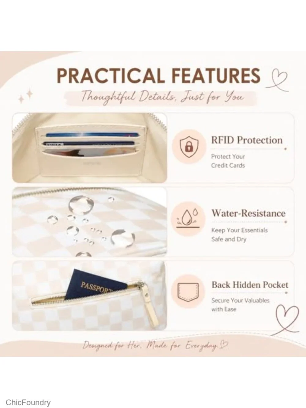Checkered Crossbody Sling Bag with RFID Protection, Nylon Travel Purse